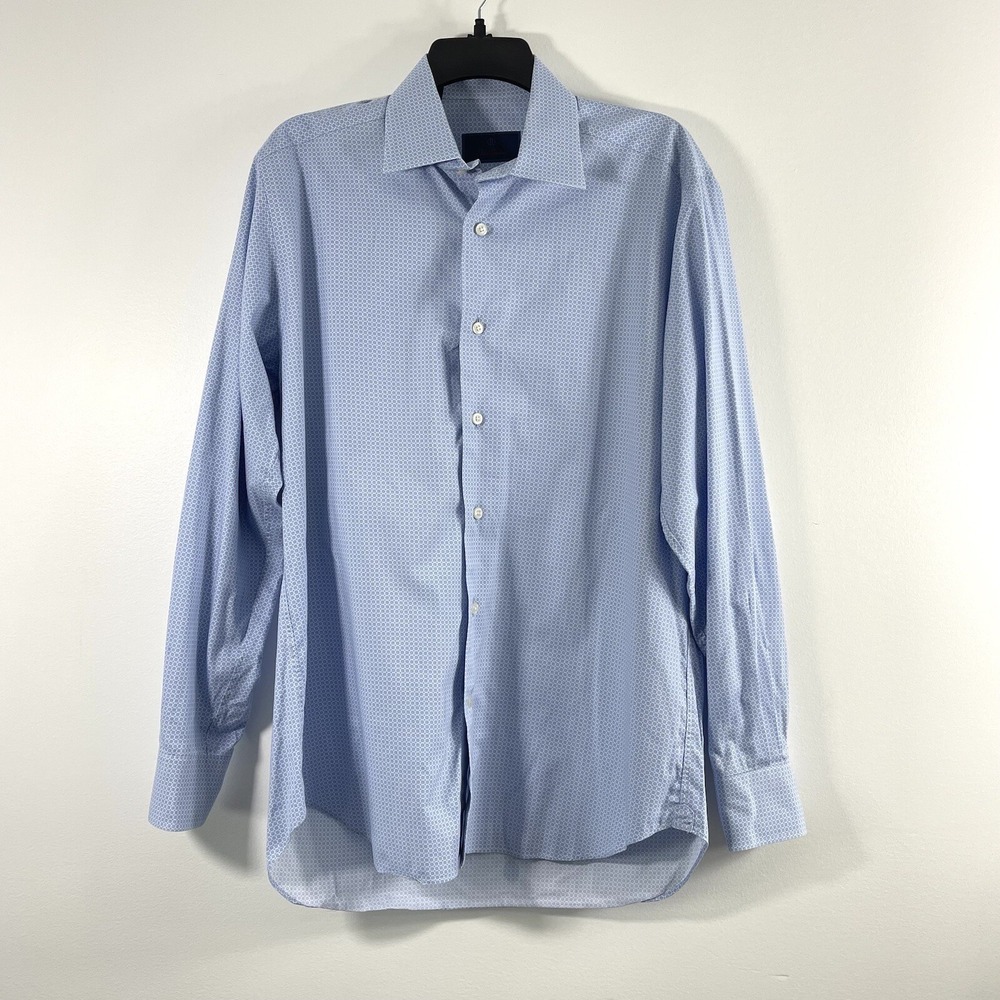 David Donahue Dress‎ Shirt Mens 15.5 34/35 Blue Button Up Long Sleeve Medallion